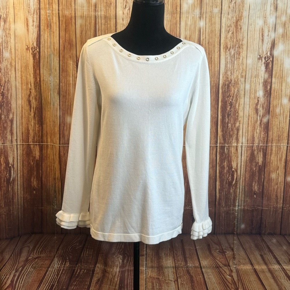 Calvin Klein Women’s White Long Sleeve Top Studded Neck Ruffle Cuffs Size Small